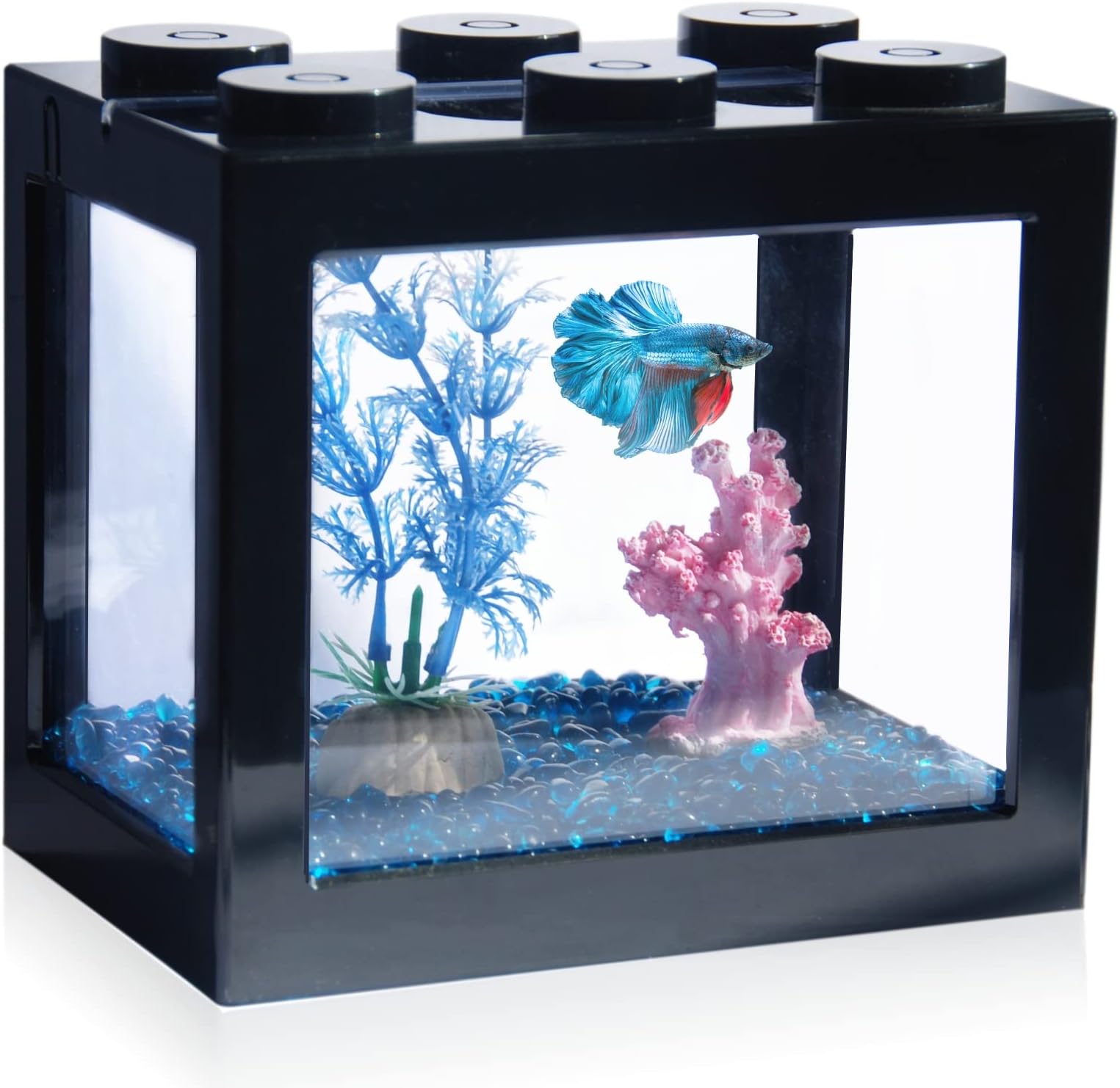 Small Betta Fish Tank, Stackable Mini Fish Tank Aquarium Tank Kit, 3/5 Gallon Rectangular Fish Bowl with Aquarium Gravel Decoration, Tiny Cube Tank for Seaweed Balls Sea Monkeys