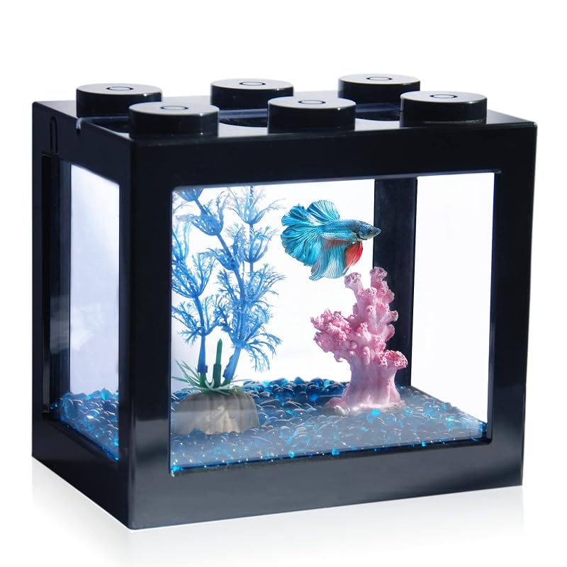 Aquário Mini Retangular Empilhável para Betta, Camarões e Sea-Monkeys com Estrutura de Acrílico Tsxurepaw, Black Frame, 1,5 L