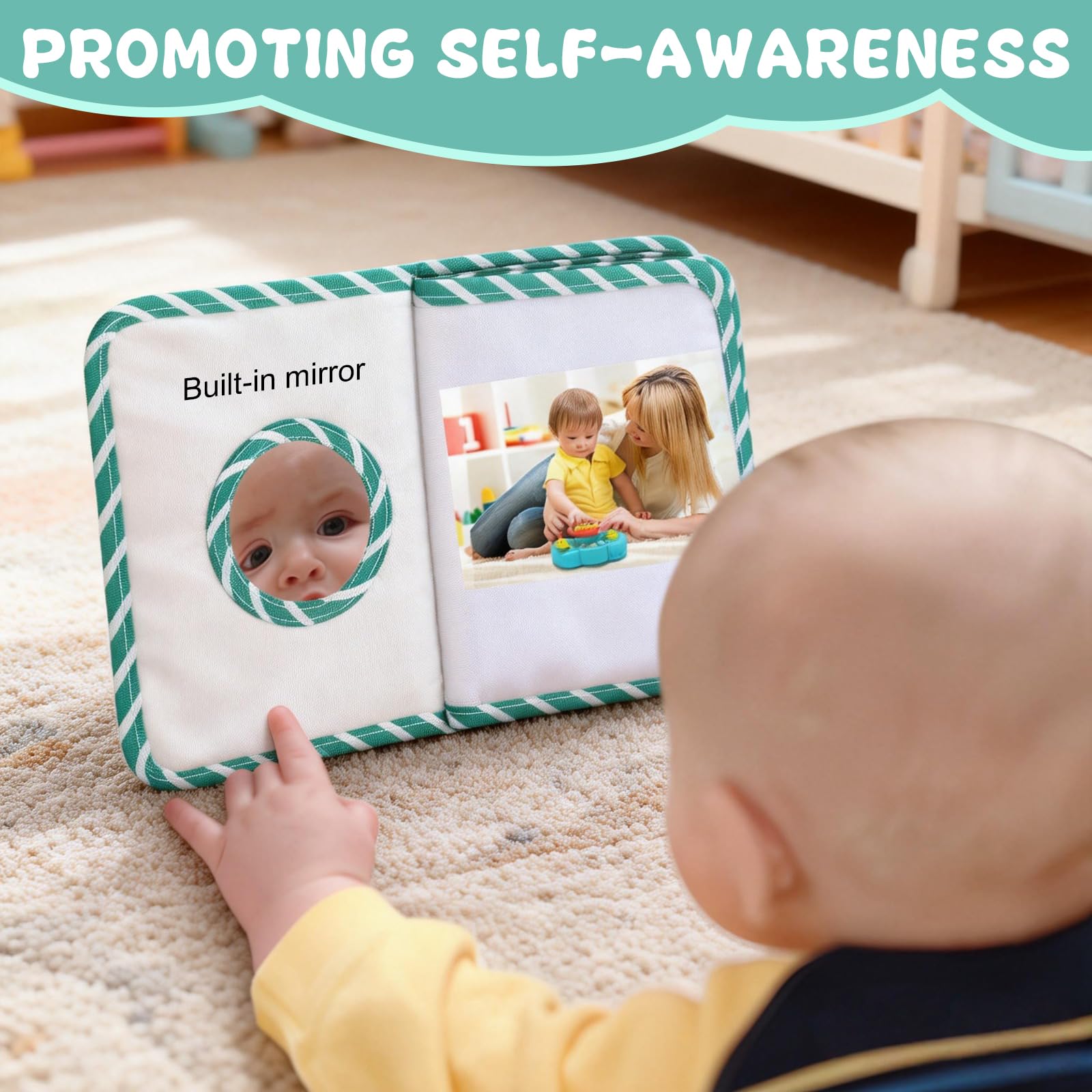 Baby Photo Album Soft Cloth Book - My First Year Memory Book with 17 Photo Pockets & Safe Mirror - Image 4