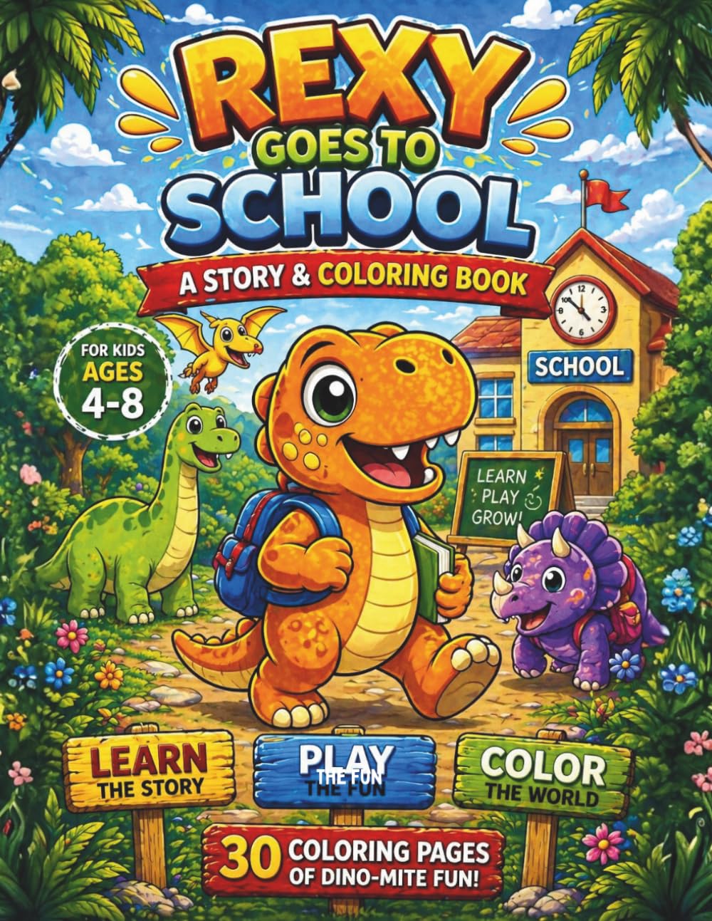 Rexy Goes to School A Story & coloring book: A Fun Dinosaur Coloring Book for Kids Ages 4–8 (Rexy the brave dinosaur adventure)
