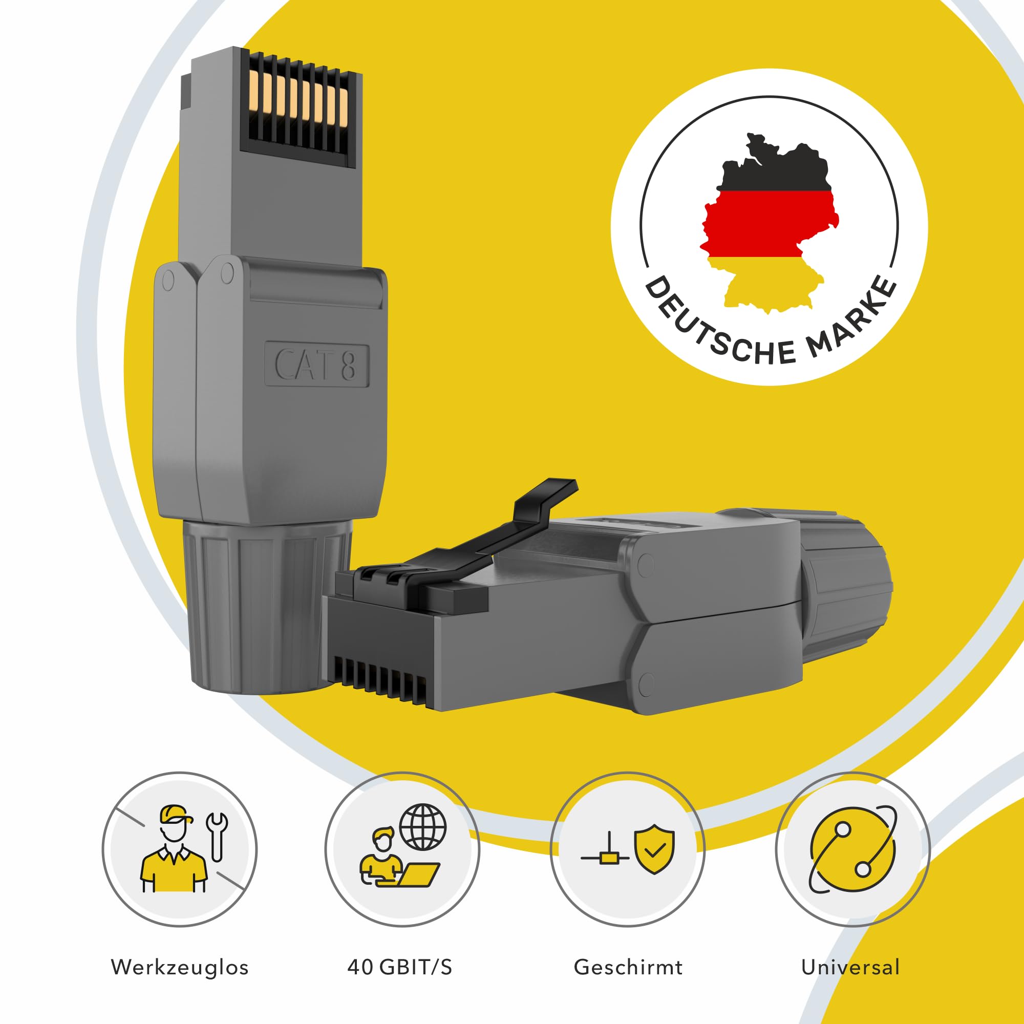 RedStar24 RJ45 Stecker Werkzeuglos CAT 7 CAT 8 Netzwerkstecker für Verlegekabel CAT8 CAT7 CAT6a LSA Feldkonfektionierbarer LAN Crimpstecker Geschirmt bis 40 Gbps 2000MHz 12 Stück