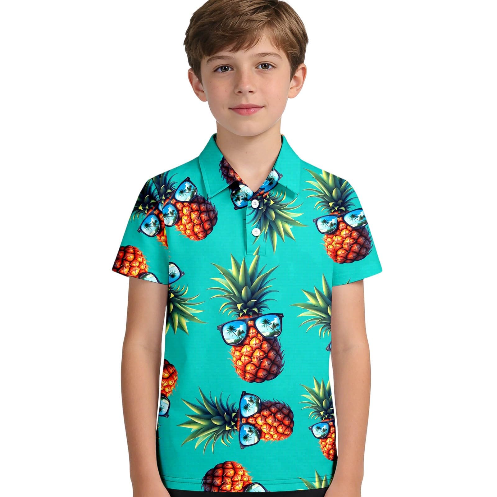 Camicia da Cerimonia Bambino - Camicia Ragazzo Maniche Corte Camicia Casual Elegante per con Stampa Ananas Colletto E Design Abbottonato per Adolescenti