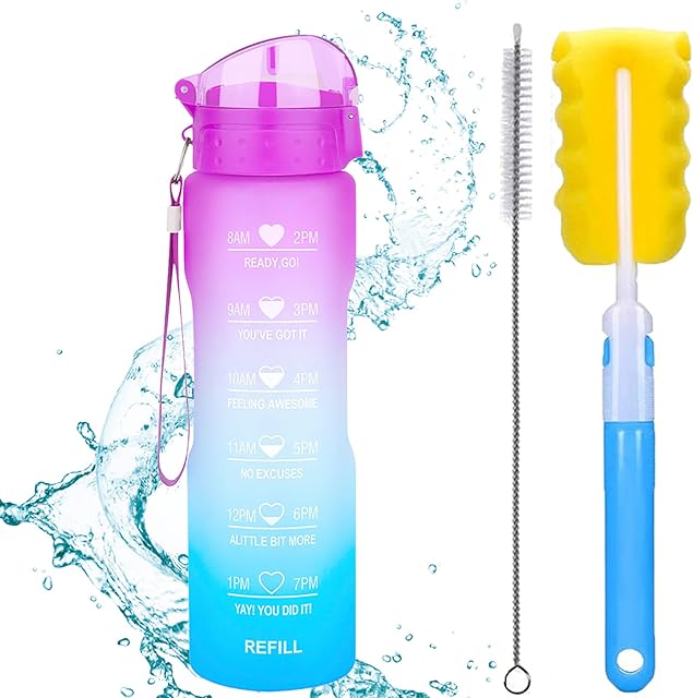 XACIOA 32oz Water Bottle with Straw&Time Markings,Leakproof BPA Free,Ensure You Drink Enough Water Throughout The Day for Fitness and Outdoor Enthusiasts,With Straw and Brush