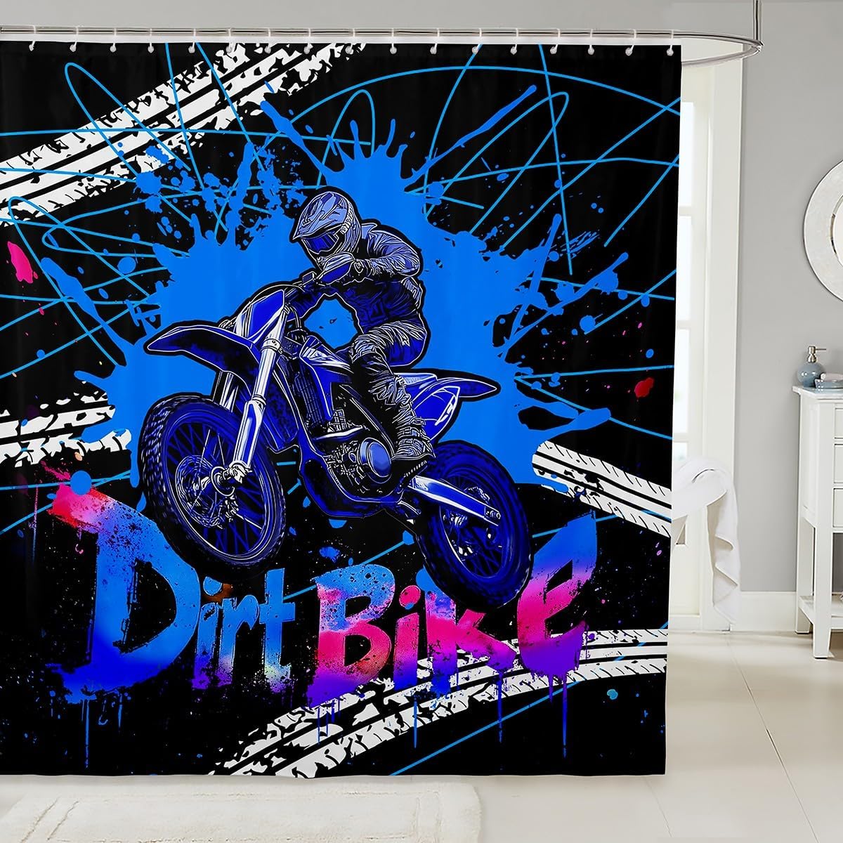 Feelyou Dirt Bike Shower Curtain 72"x84" Racing Themed Bath Curtain Waterproof Racing Motocross Rider Bathroom Shower Curtain Set for Kids Boys Girls Motorcycle Kids Bathroom Accessories Motorbike