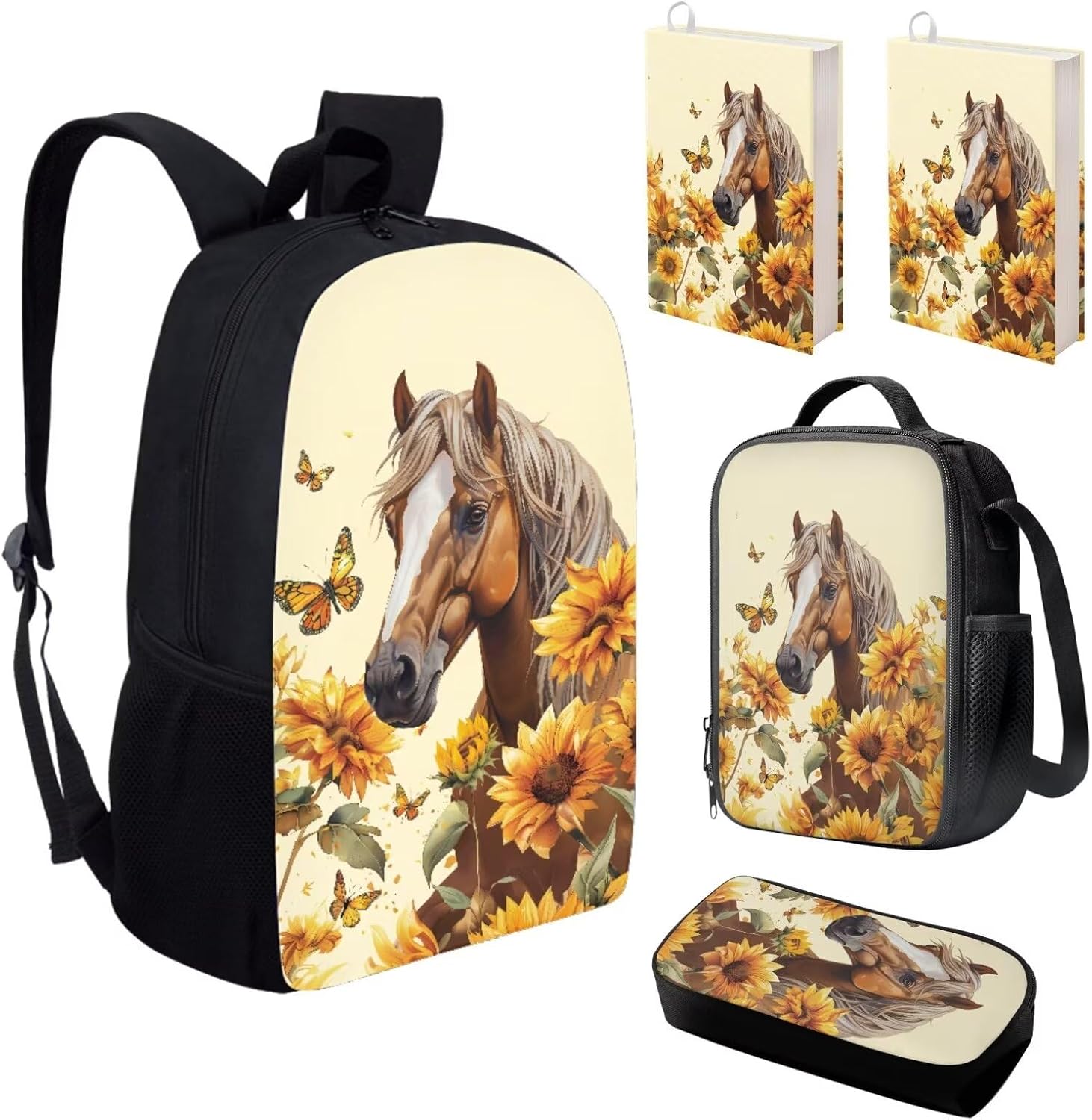 BIGCARJOB Little Boys Backpack for School Sunflower Horse Bookbags School Bags with Lunch Bags Pen Pouch Book 小Cover Set for Teens Boys Kids School Backpack Middle Student Book Bags Set of 5
