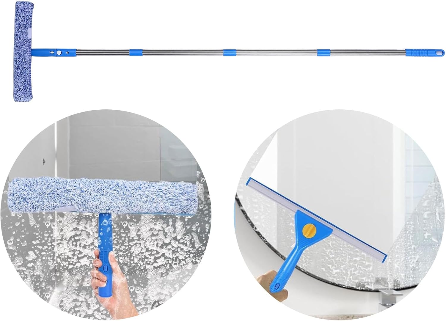 Window Kit with Extension Pole, Microfiber Brush, and Squeegee for High Window, Car, Glass