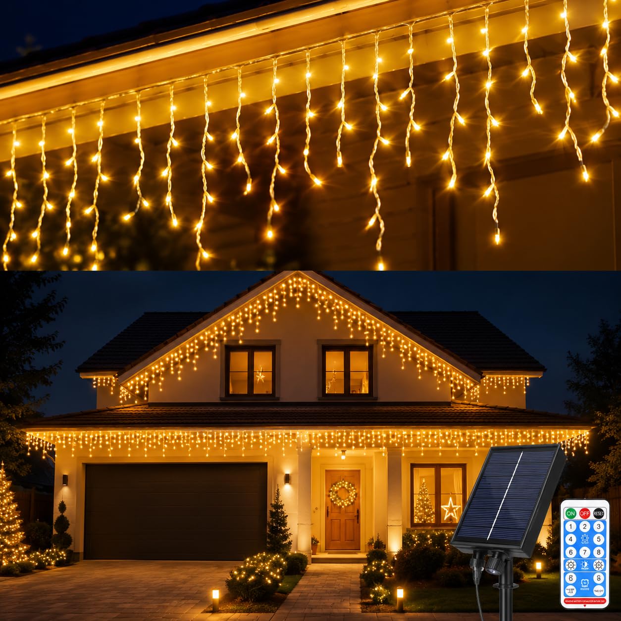 2 Pack Solar Eisregen Lichterkette Outdoor 5m 256 Led, IP44 Wasserdicht Lichtervorhang mit Fernbedienung 8 Modi Timer, Aussen Solarlampen für Außen Garten Balkon Deko Terrasse, Warmweiß