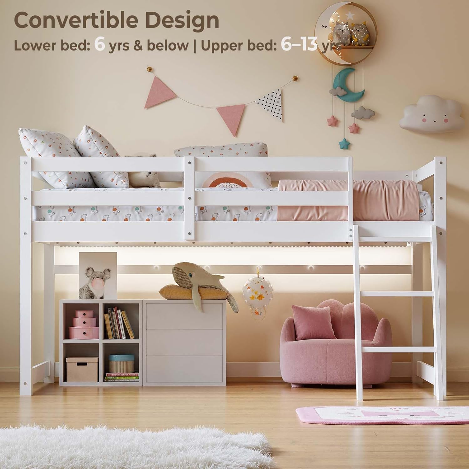 Vantic Floor Bunk Bed with LED Light, Low Bunk Bed with Wide Stairs, Convertible Soild Wooden Toddler Bunk Bed with 6 Hooks, Space-Saving, White