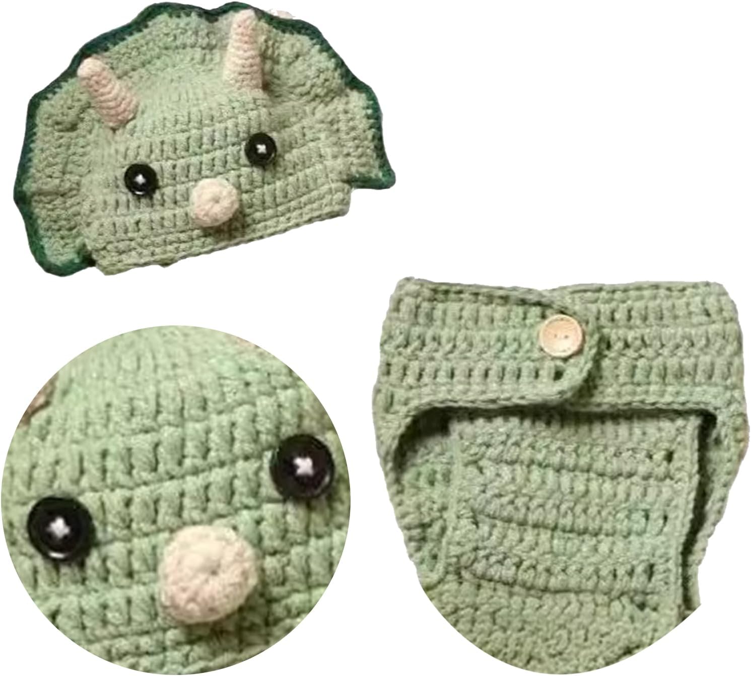 2Pcs/Set Adorable Newborns Photo Props Cute Dinosaur Costume Pants & Matching Hat for Baby Photography Shoot Outfit Yarn - Image 2