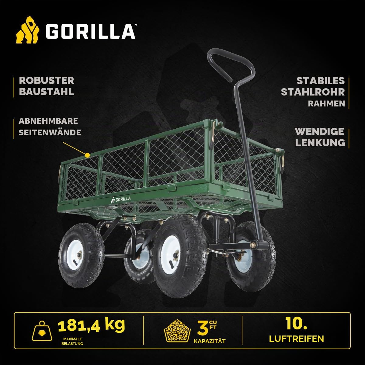Gorilla Carts Gartenwagen aus Stahl mit abnehmbaren Seiten mit Einer Kapazität von 180 kg, Grün