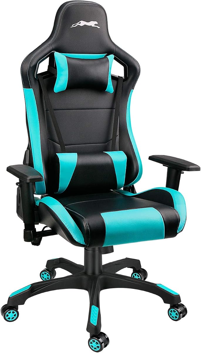 Leopard Gaming Chair, High Back PU Leather Office Chair, Adjustable Video Gaming Chairs, Swivel Racing Chair with Adjustable Armrest (Black/Light Blue) | Adjustable Armrest, Swivel, 2D Armrest