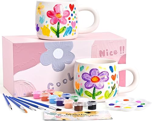 Maustic Mug Painting Kit, Paint Your Own Mug Kit, 2 Pcs Ceramic Mugs to Paint, Mothers Day Fathers Day Valentine's Day DIY Gift Kits, Includes 2 Paintable Mugs 13 Oz, Paints, Brushes