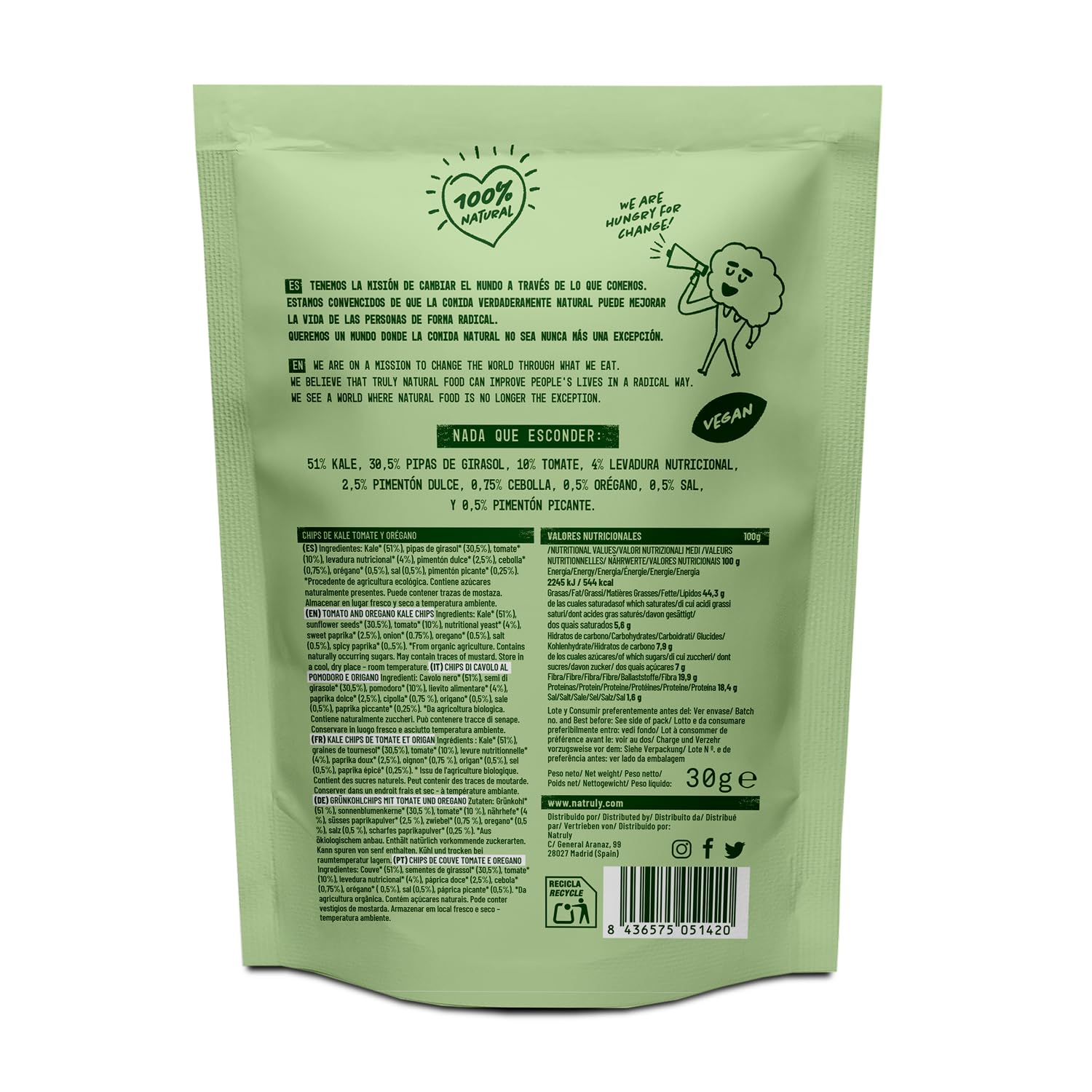 Natruly Kale Chips Sabor Italiano - Snack Saludable Orgánico Cruijiente con Semillas, Sin Gluten -Pack 8x30g