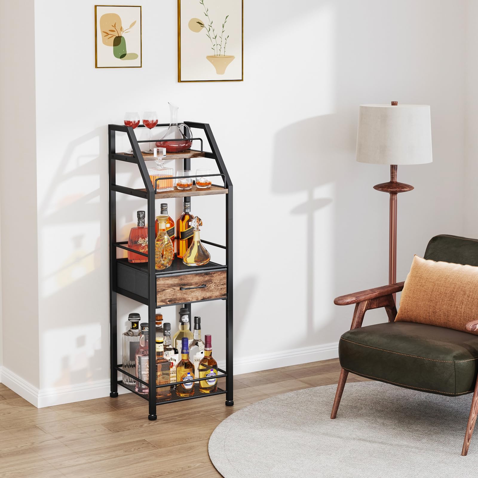 HapiRm Weinregal Freistehend Weinflaschenregal Flaschenregal - 4-stöckiger Stufenlikör Flaschenständer für Zuhause mit Stoffschublade, Wein & Glas Organizer für Bar, Wohnzimmer, Küche oder Esszimmer
