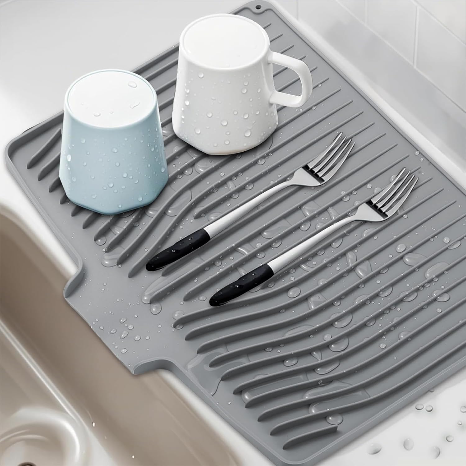 Silicone Dish Drying Mat for Kitchen Counter, Dish Drainer Mat, Non-Slip Drying Pad with Built-in Drain, Kitchen Drying Matt For Counter(18.9" x 11.8", Gray) - Image 7