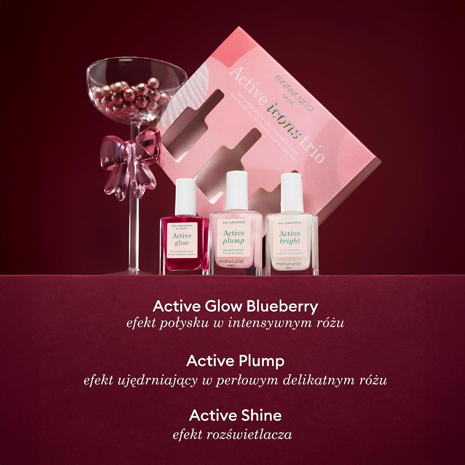 Праздничный набор Manucurist Active Icons Trio — лаки для ногтей Active Glow Blueberry, Shine, Plump — укрепляющий кондиционер — процедура для придания блеска — лаки и средства по уходу — подарки