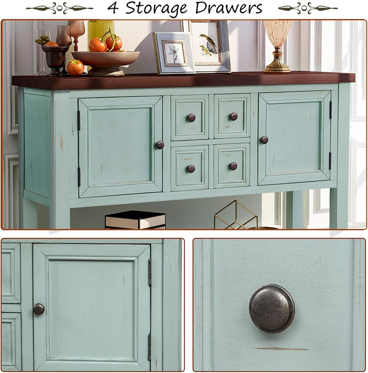 Kitchen Cupboard with Bottom Shelf Easy Assemble Console Table Sideboard with Drawers and Cabinets Retro Style Buffet Sideboard Wood (Navy)