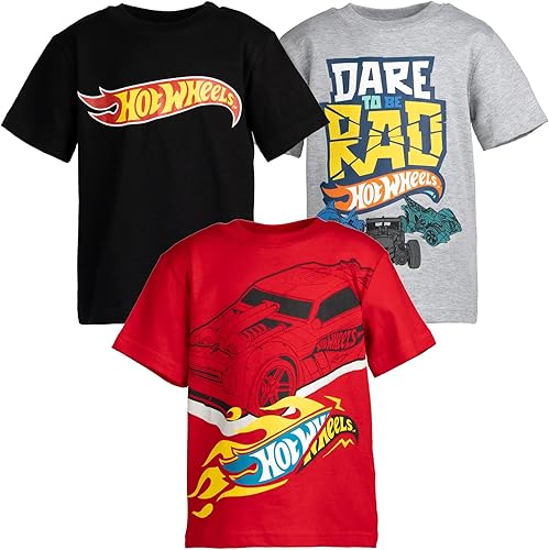 Hot Wheels – Lot de 3 t-Shirts Graphiques pour Tout-Petits garçons – Gris/Noir/R