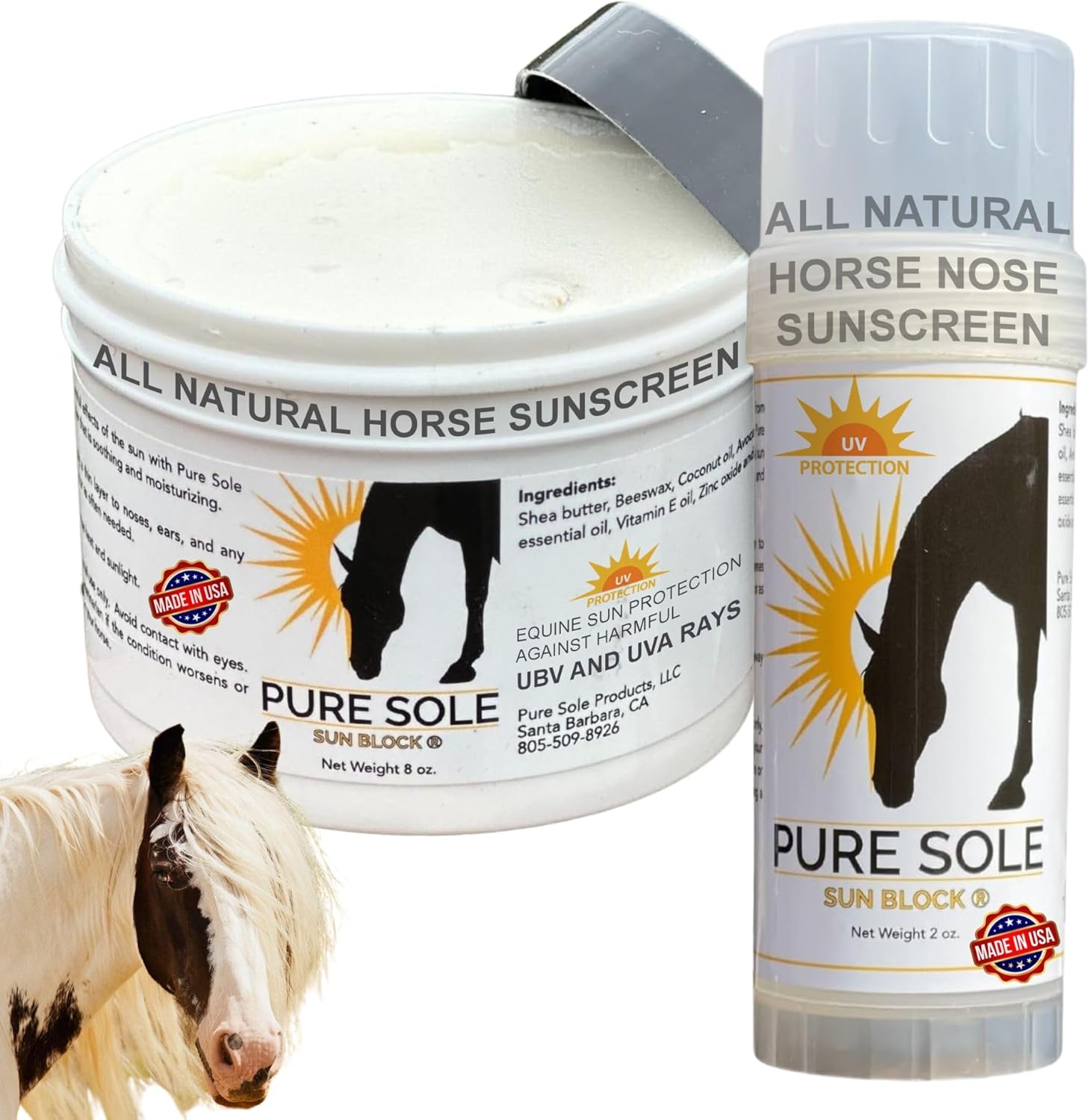 Sun Protection for Horses | Bundle of Pure Sole All Natural Sun Block 2 oz. Push Up Stick and 8 oz. Jar