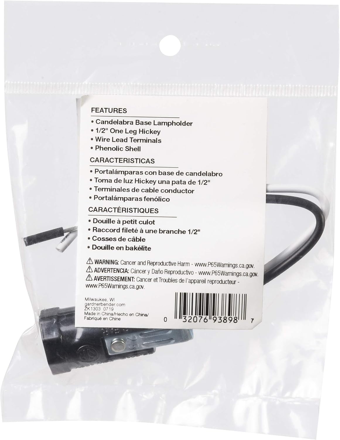Gardner Bender GLS-21 Candelabra Keyless Activation On/Off 1/2 in One Leg Hickey Phenolic Base Socket, Black