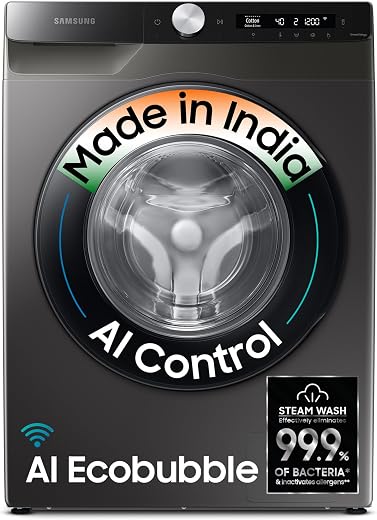 Samsung 8 kg, 5 star, Eco Bubble Technology, AI Control, Wi-Fi, Fully-Automatic Front Load Washing Machine (WW80T504DAX1TL, Hygiene Steam, Inox)