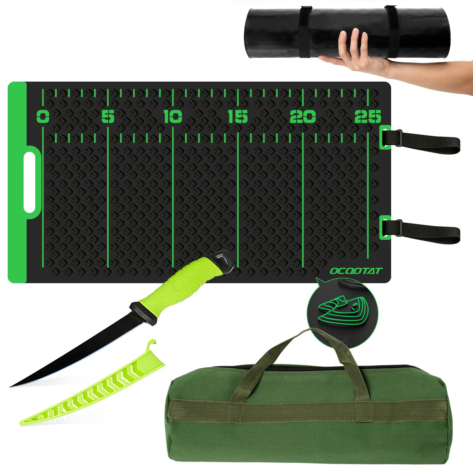 OCQOTAT Fish Fillet Mat Kit With 25" Ruler, 7" filet knife & Storage Bag - Non-Slip Texture Portable & Durable Cleaning Cutting Board for Easy Filleting,Fishing gear, 29.5"x15.5"