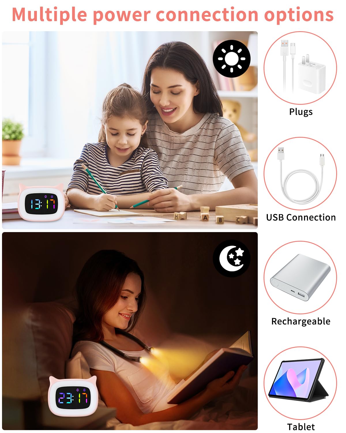 PERMUST Budzik LED, budzik nocny, regulowana jasność, budzik dziecięcy, 18 dzwonków, wysokiej jakości cyfrowy budzik nocny, 4 tryby, port ładowania USB