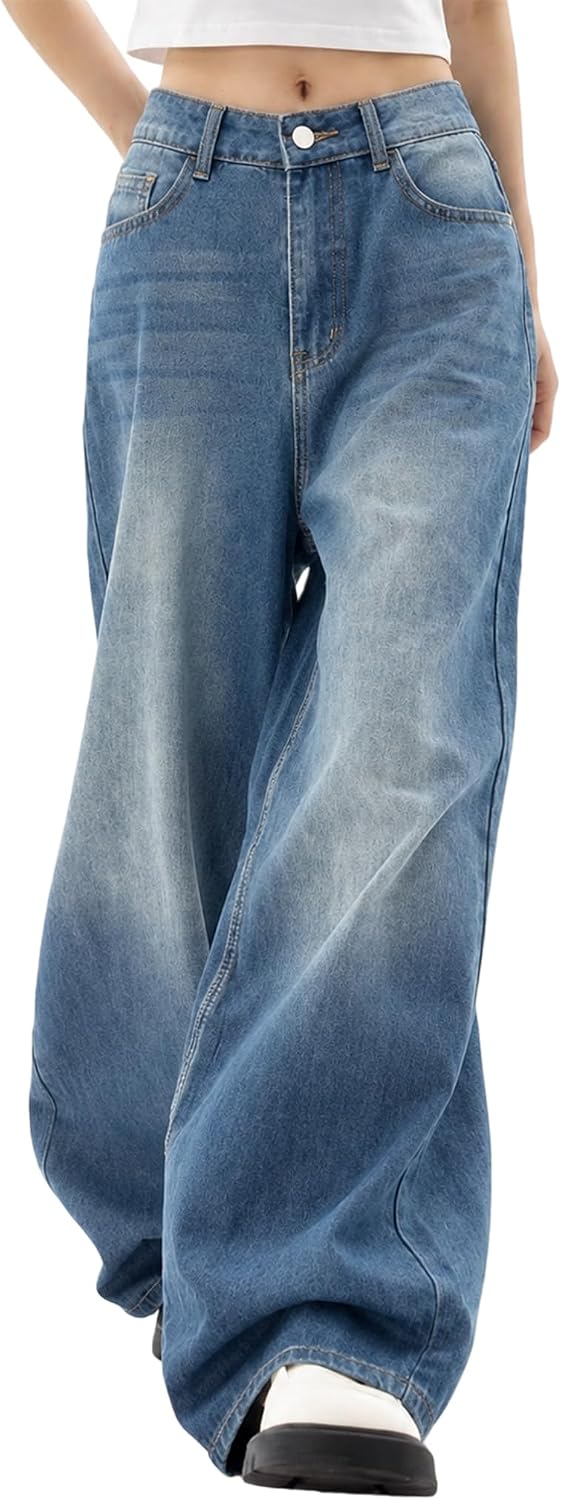 Womens Wide Leg Jeans Mid Waisted Denim Pants Boyfriend Baggy Hip Hop Jeans for Women