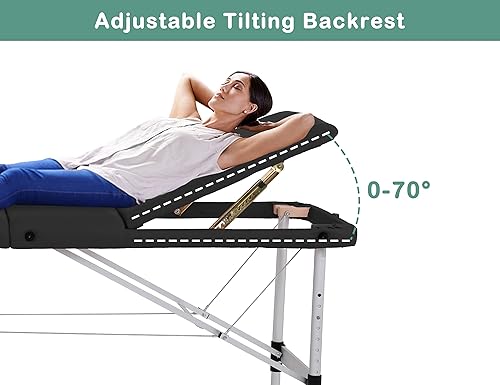 Miniatura 8 de Haiput Wam Mesa de masaje portátil ligera, 73 pulgadas de altura ajustable con 3 pliegues de aluminio, cama de masaje plegable para tatuaje con