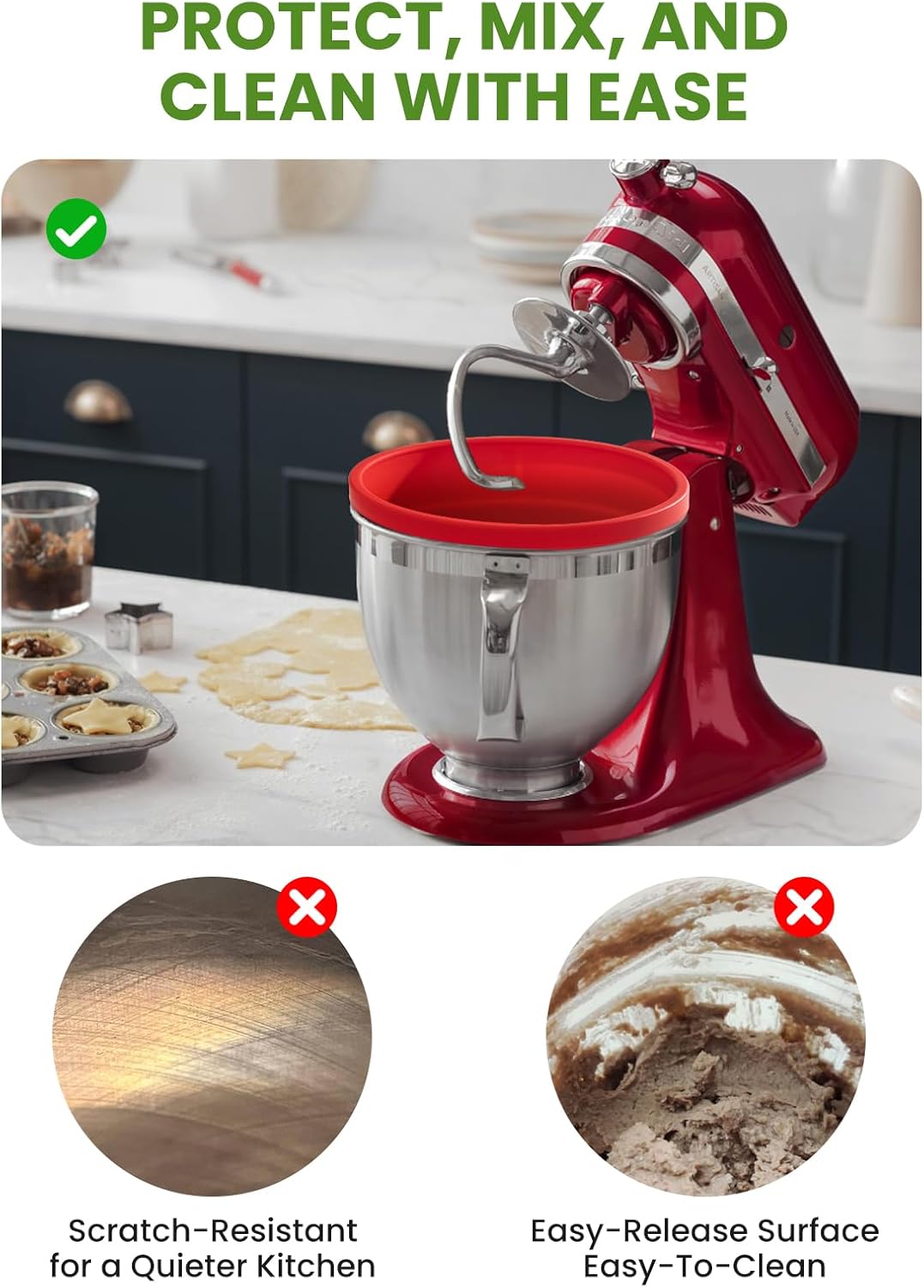 Silicone Bowl Liner for KitchenAid Tilt-Head 5QT Mixers - 3 Liners & 3 Lids Included, Non-Stick Anti-Scratch, Noise Reduction with Lids, Foldable Dishwasher Microwave Safe