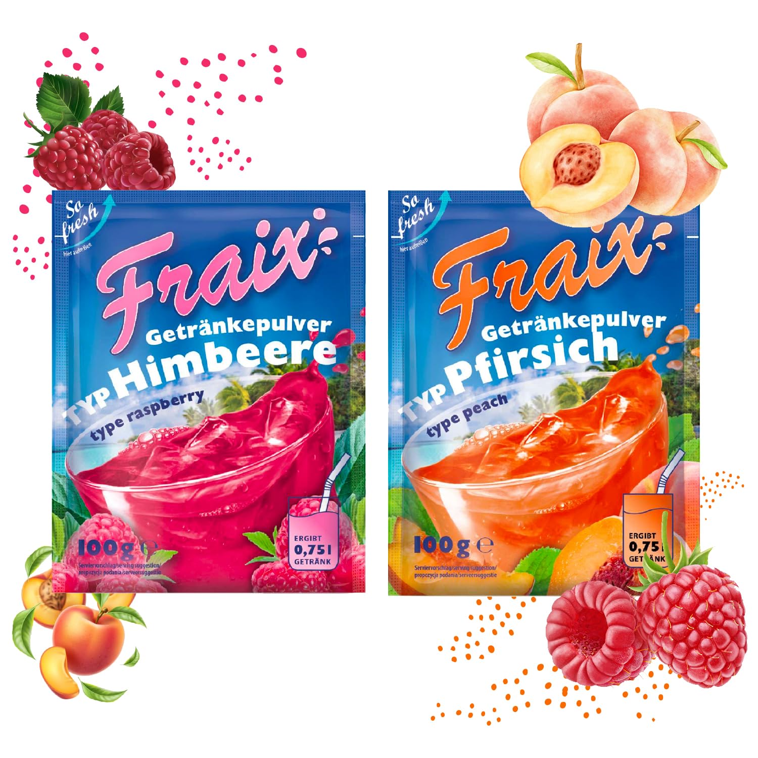 FRAIX Boisson en poudre framboise + pêche (50 combinaisons) (25 x 100 g chacun) fruité et rafraîchissant – Avec vitamine C