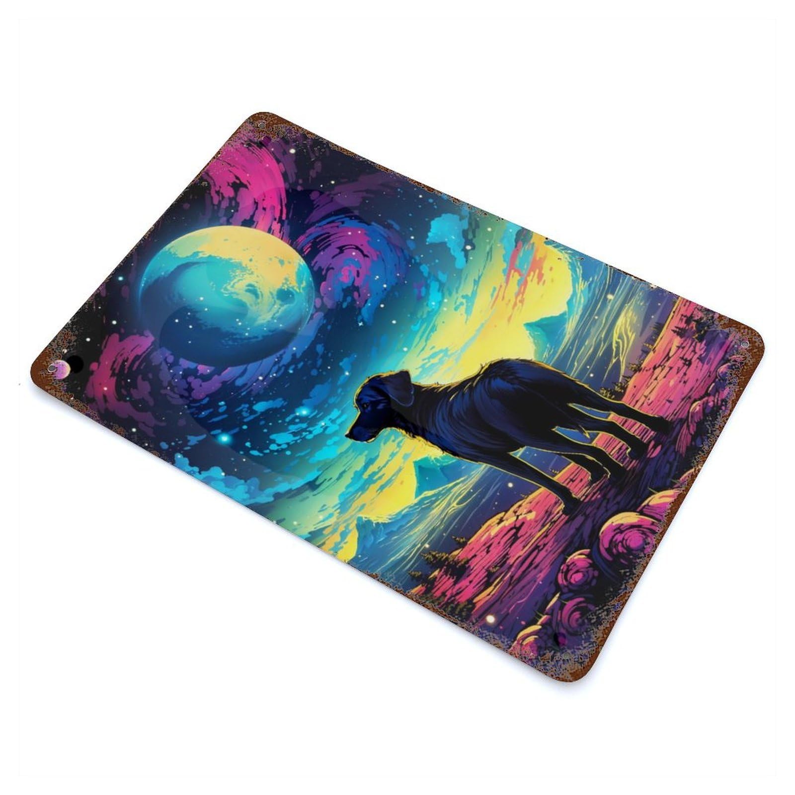 Cosmic Canine Serenity 11.8"x7.9" Rust Effect Tin Sign, Industrial Home Decor for Living Room, Hallway And Home Decor