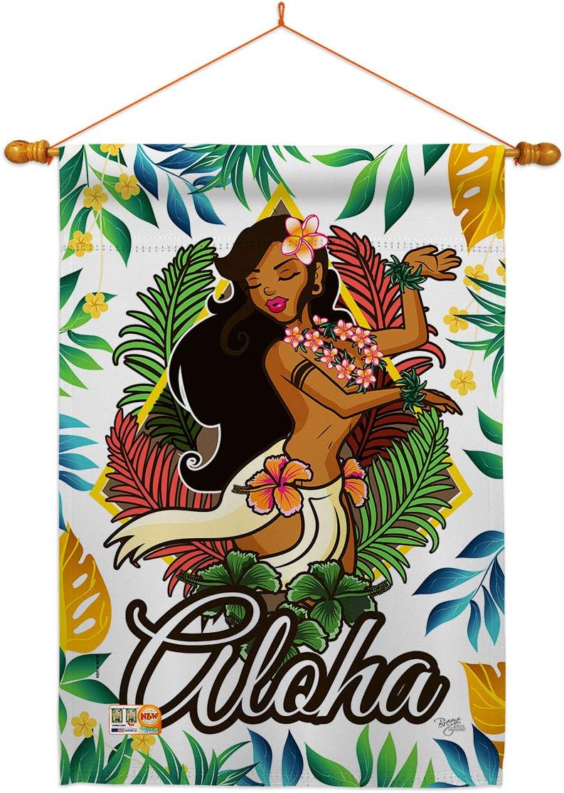 Hula Girl House Flag Dowel Set Summertime Fun and Sun Beach Pool Luau Tropical Party Season Outdoor Sunny Small Decorative Gift Yard Banner Made In USA 28 X 40