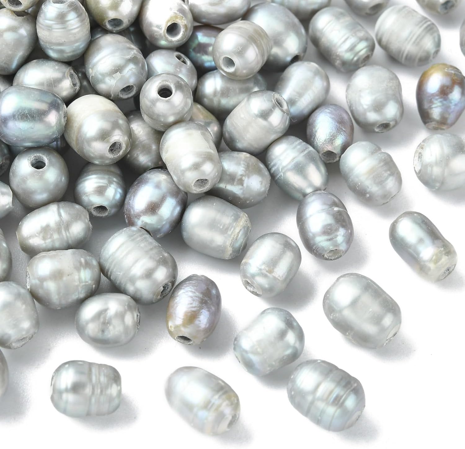 Ipotkitt 100 Pcs Gray 7-10mm Natural Cultured Freshwater Pearl Beads 1.8mm Large Hole Pearl Beads Oval Shaped Rice Loose Beads for Jewelry Making