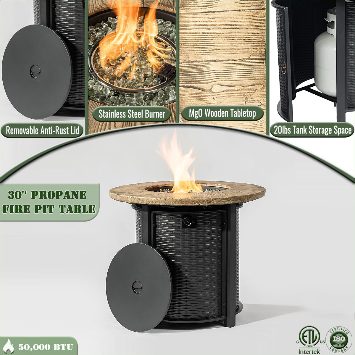30 Inch Propane Gas Fire Pit Table, Round Outdoor Firepit with 50000 BTU Output, Imitation Wood Grain Finish, Weather-Resistant Steel Construction for Patio, Deck, Garden, Backyard Use – Black