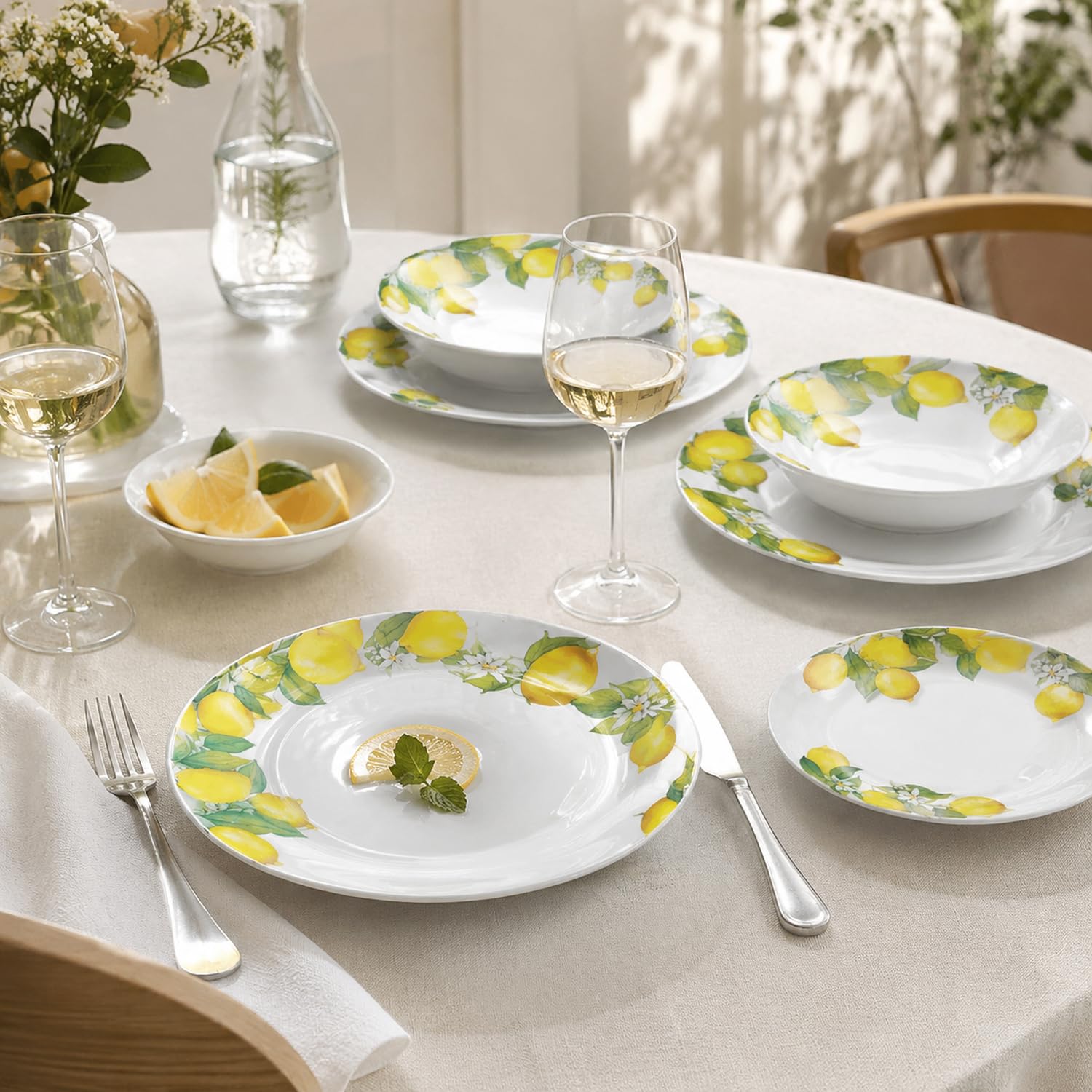 Vajilla 18 Piezas Limones Porcelana Set Completo para 6 Personas Platos De Comida Postre Diseño Cítrico