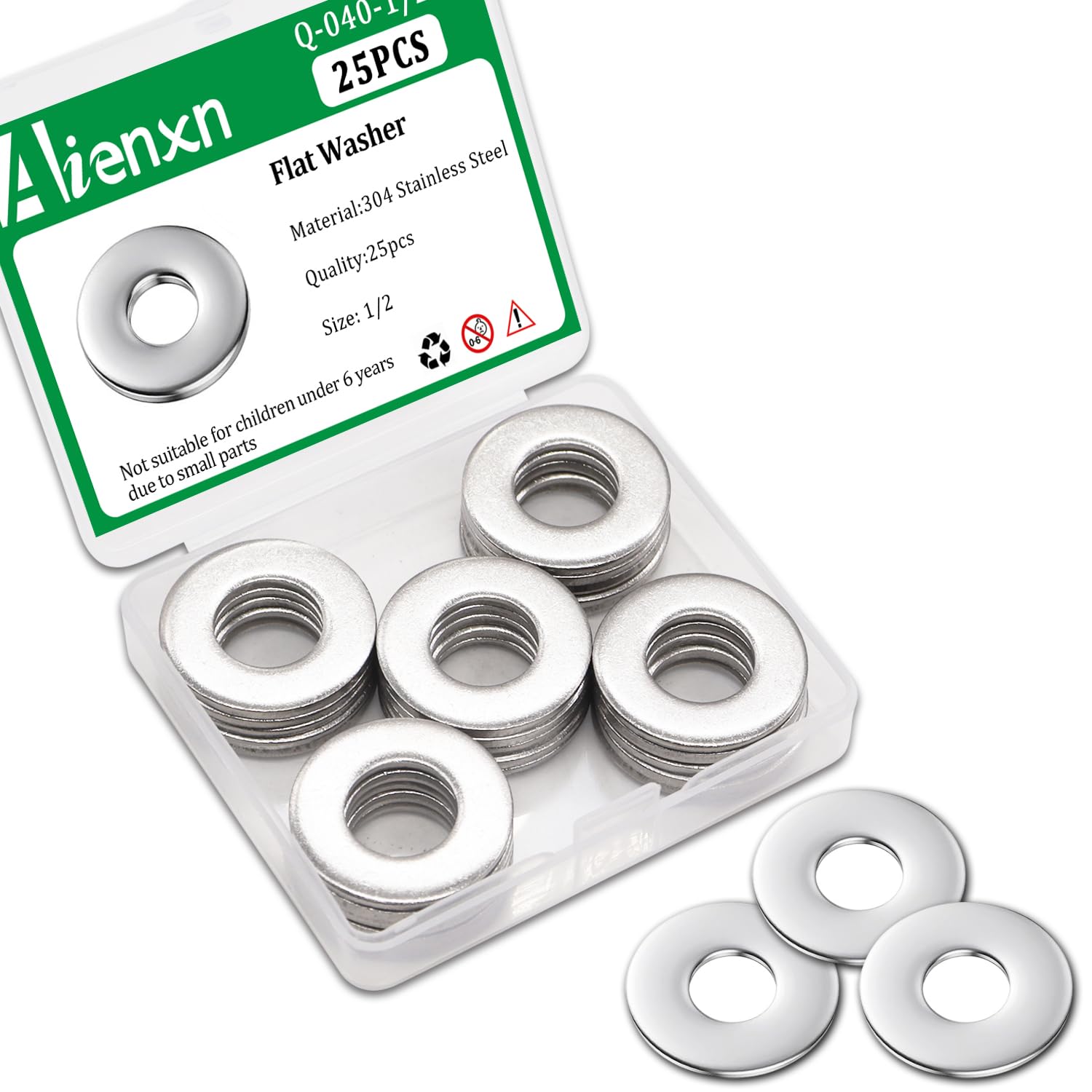 25PCS 1/2" Stainless Flat Washers, 18-8 (304) Stainless Steel, Suitable for Electrical Connections on Household and Commercial appliances, auto and Marine