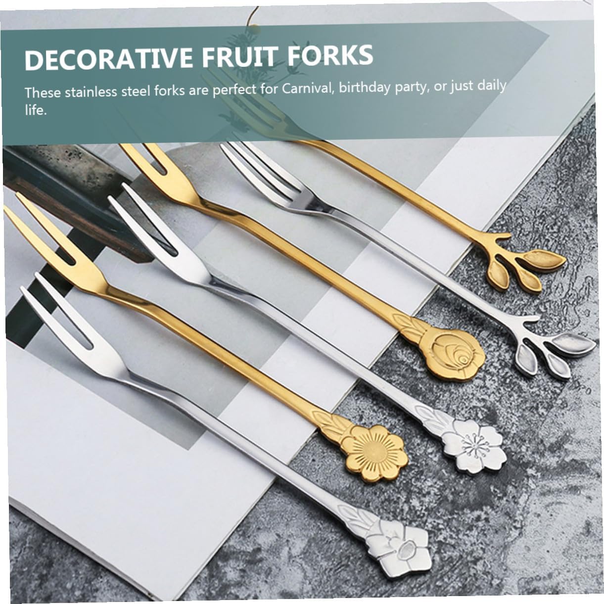 Fruit Dessert Forks Golden Stainless Steel 10pcs Two Tine