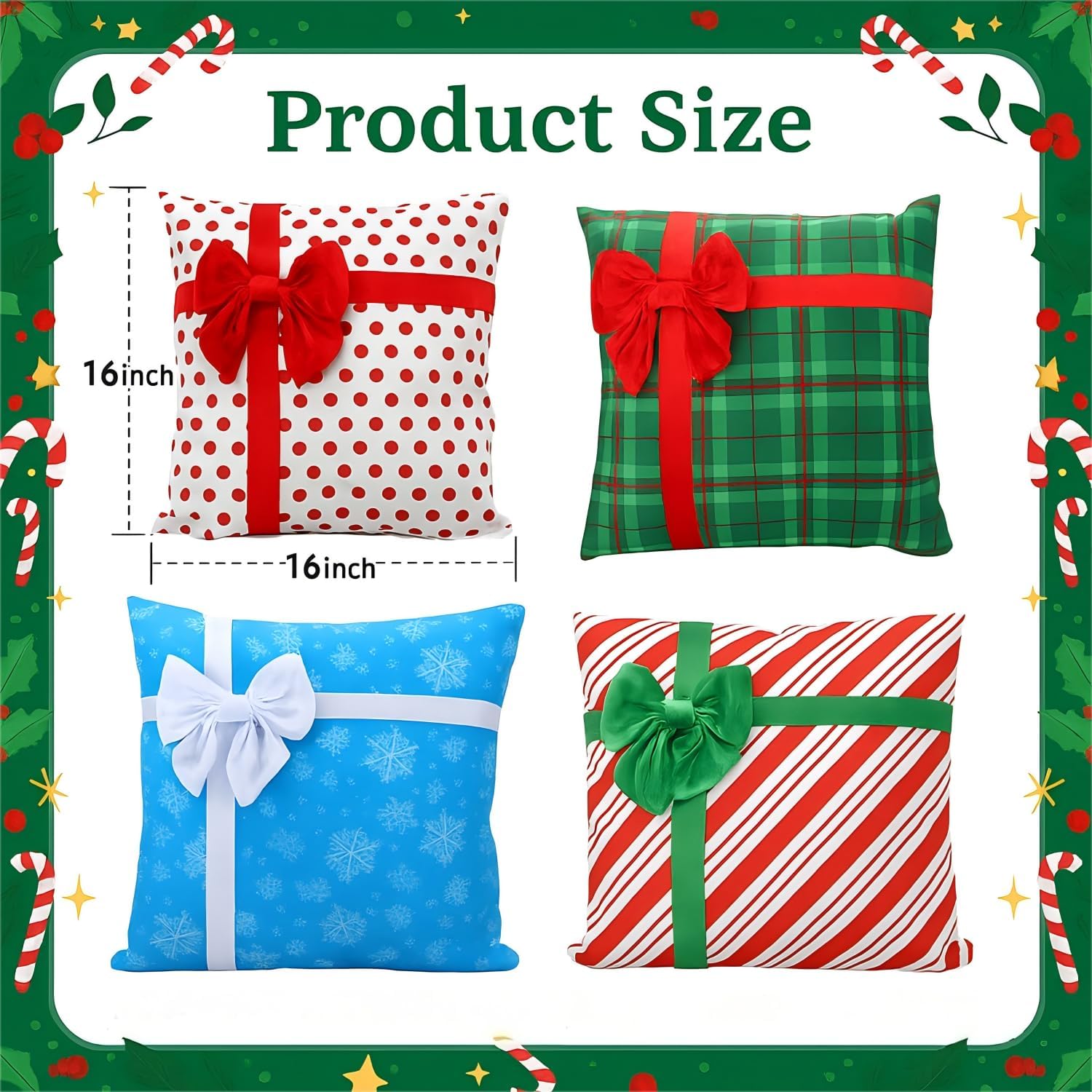 Breling 4 Set Christmas Pillow Covers 3D Bows Gift Box Pillow Cases 20 x 20 Inch Dot Stripe Plaid Snowflake Xmas Winter Cushion Cases for Christmas Home Chair Bed Sofa Cushion Decor