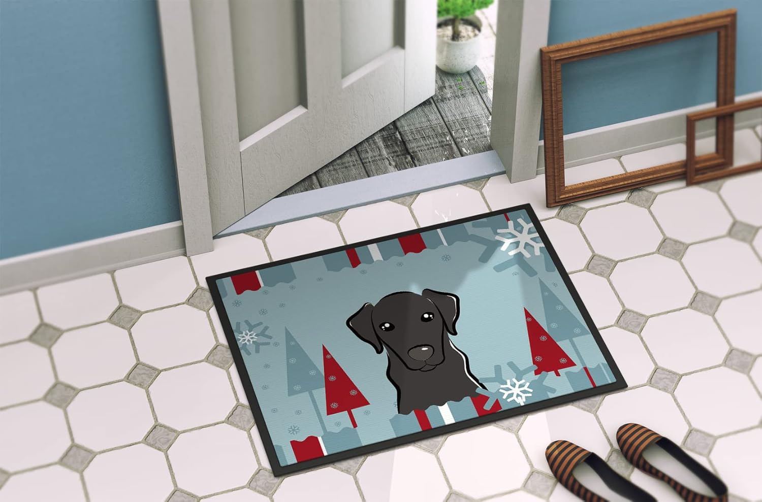 Caroline's Treasures BB1731JMAT Winter Holiday Black Labrador Doormat 24x36 Front Door Mat Indoor Outdoor Rugs for Entryway, Non Slip Washable Low Pile, 24H X 36W