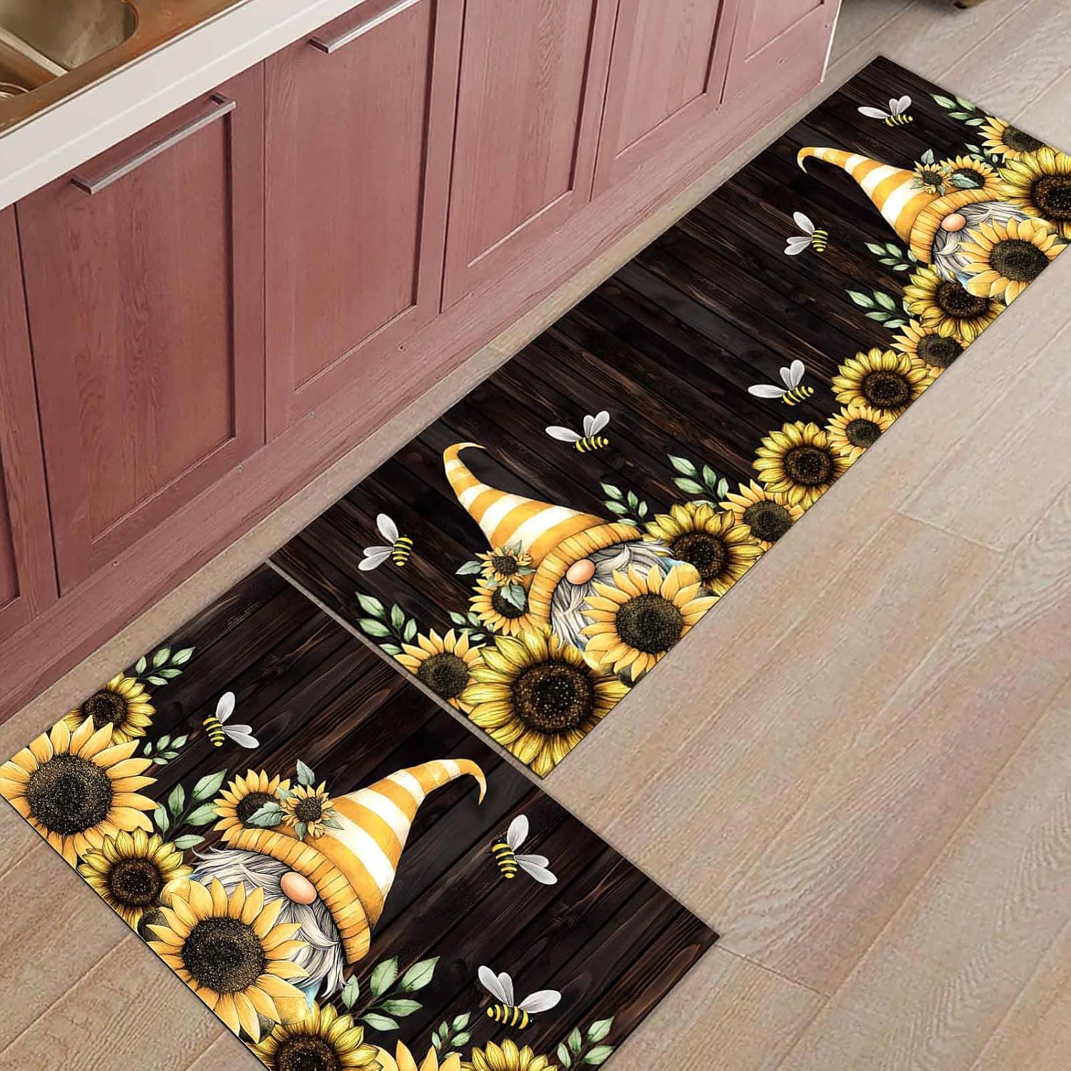 2 Pieces Kitchen Rugs and Mats,Farmhouse Yellow Gnome Sunflower Bee Area Runner Rug Set Non Slip Floor Doormat Washable Carpet Standing Mat for Kitchen Sink Indoor Corridor,Vintage Brown Wood Board