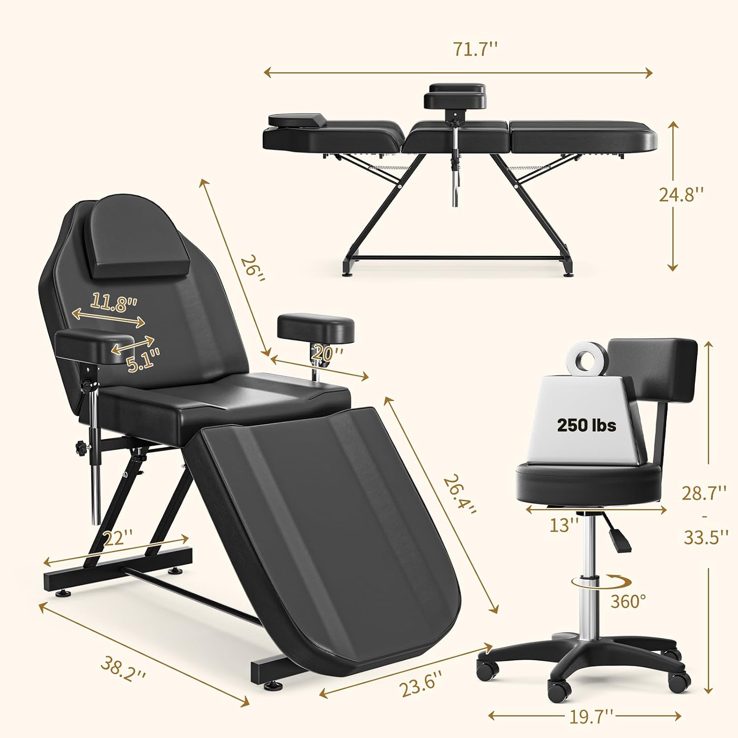 Facial Tattoo Chair for Client, Esthetician Lash Bed for Beauty Salon with Drafting Chair,Massage Table Multipurpose Comfortable Spa Bed for Tattoo, Artist, Waterproof Leather (Black)