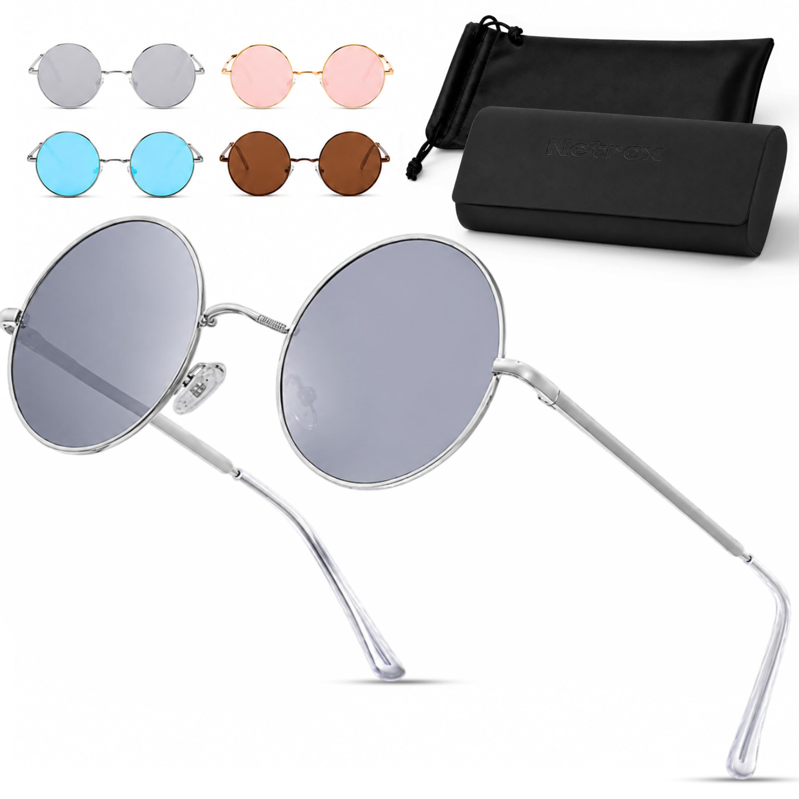 Netrox Runde Sonnenbrille im Retro-Stil | UV400-Schutz Linsen | Unisex Brille inkl. Etui und Microfaserbeutel | Vintage 70er Metallrahmen mit verspiegeltem Glas