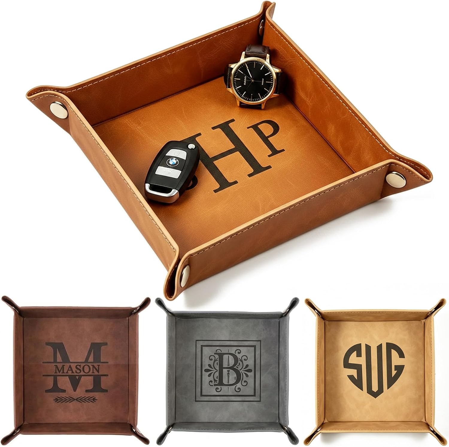Personalized Leather Valet Tray for Men, Custom Engraved Name Monogrammed Leather Organizer for Keys & Wallet, for Nightstand Dresser Office, Perfect for Fathers Husbands Groomsmen (Brown)
