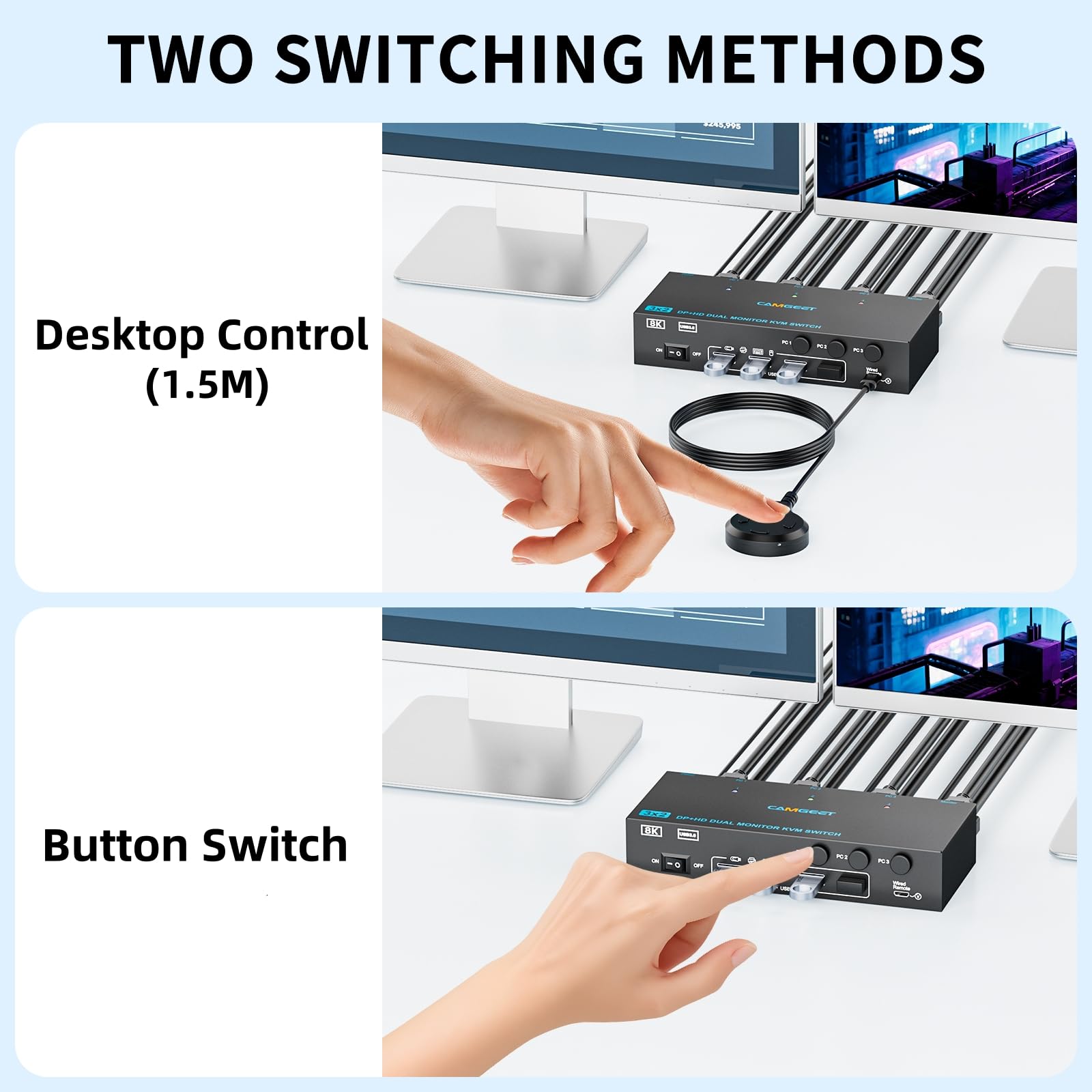 HDMI Displayport KVM Switch 3 PC 2 Monitore 4K@144Hz, mit 4 USB 3.0 Ports | Dual Monitor KVM Switch für 3 Computers teilen 2 Monitors und Tastatur,Maus,Drucker, HDMI DP KVM mit wird remote,12V Netzteil