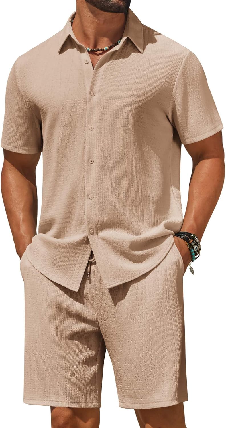 COOFANDY Men's 2 Piece Outfit Casual Short Sleeve Button Down Shirt and Beach Shorts Set Summer Vacation Outfits for Men