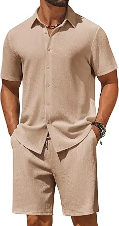 COOFANDY Men's 2 Piece Casual Short Sleeve Shirt and Beach Shorts Set for Summer Vacation