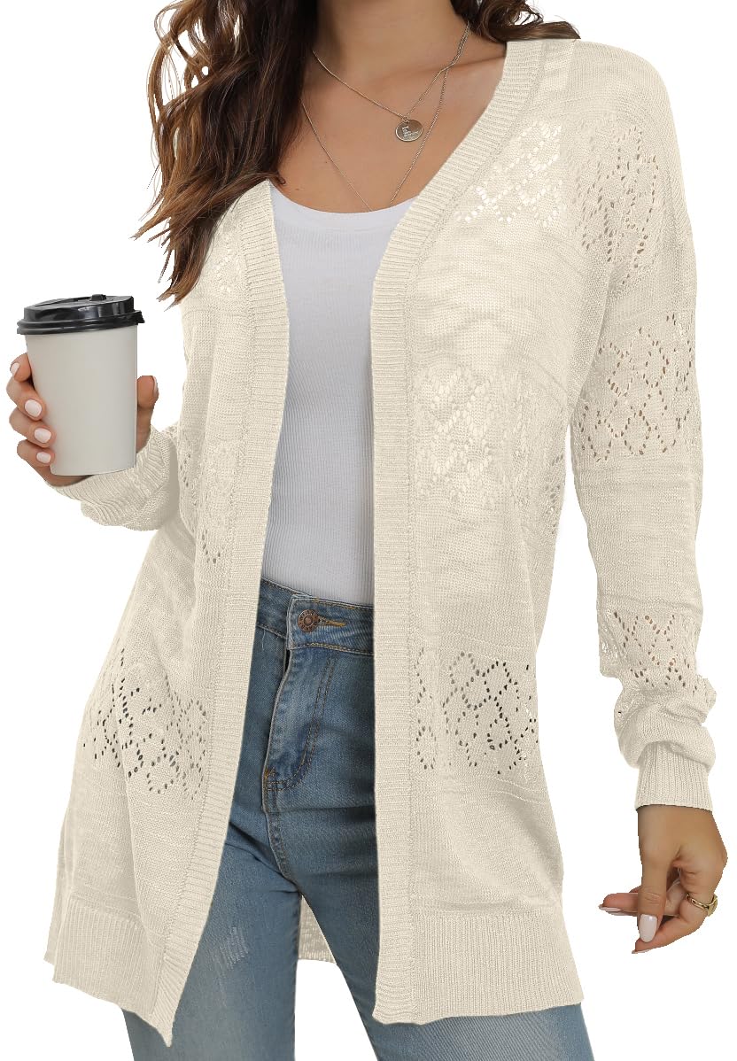 GRECERELLE Lightweight Cardigan Sweaters for Women Crochet Knit Open Front Long Sleeve Loose Casual Boho Summer Beach Coverup