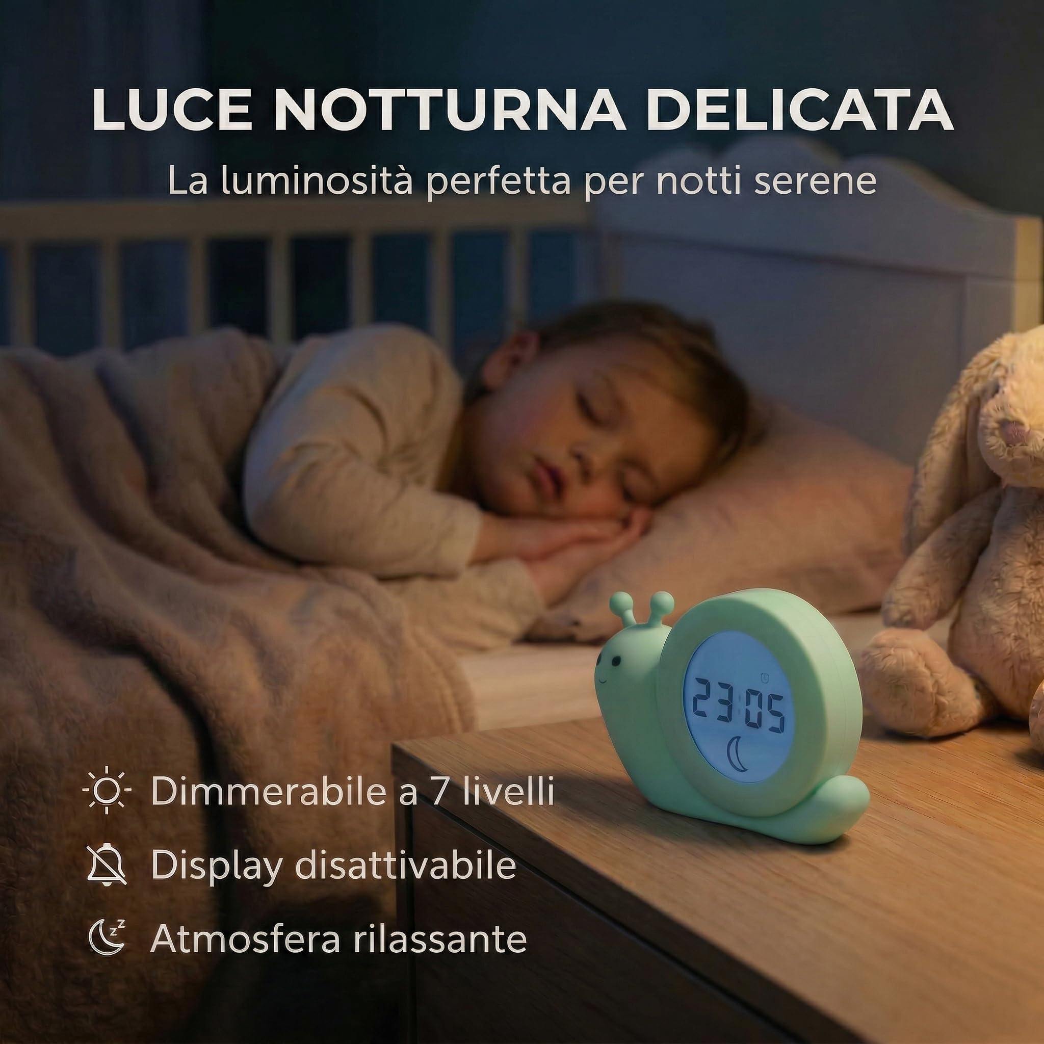 Alecto Baby BC110GN SIMON - Addestratore del sonno, luce notturna e sveglia, lumaca, verde menta