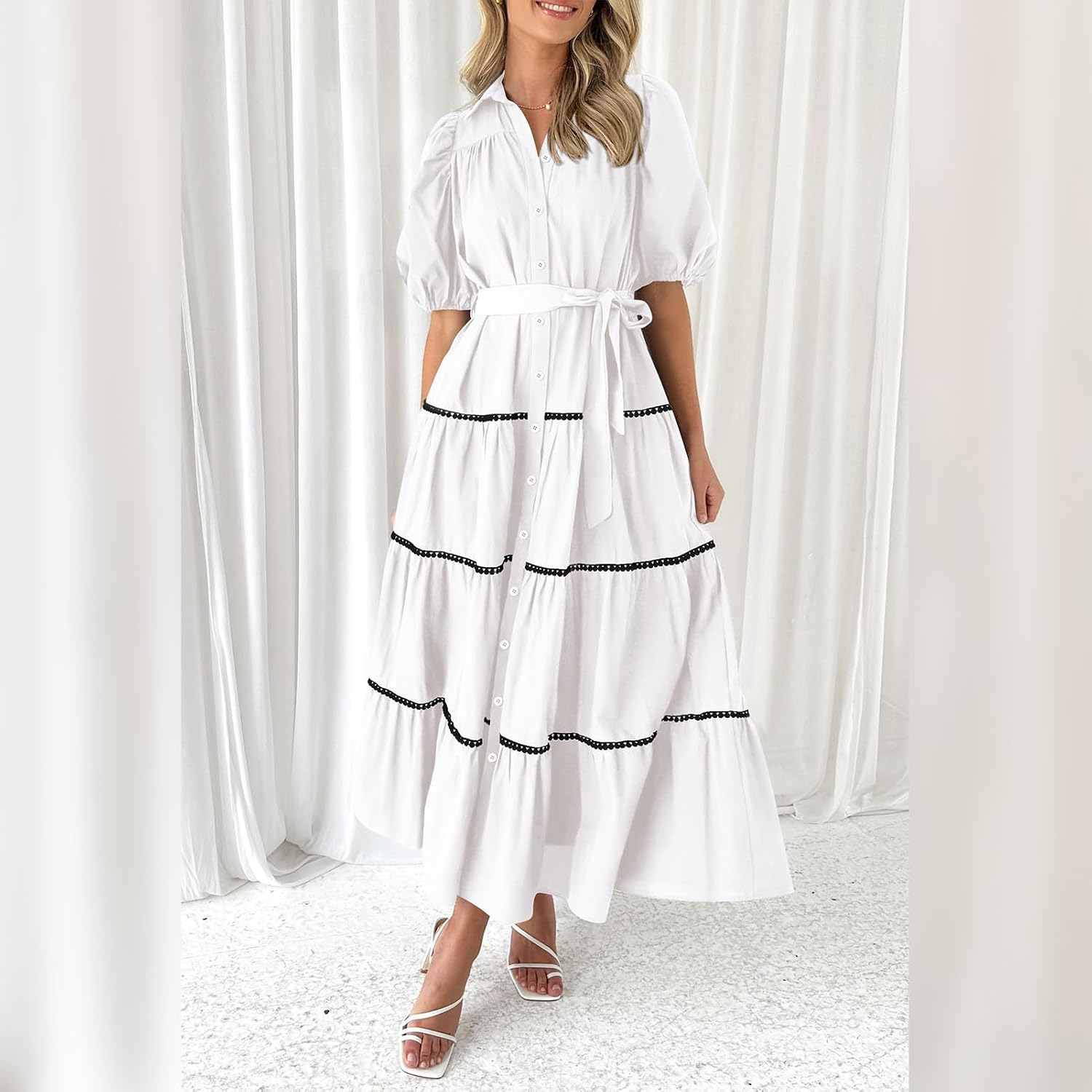 ABEWIP Women's Button Down Shirt Dress Summer Short Puffy Sleeve Tiered Ruffle Flowy Maxi Party Dresses
